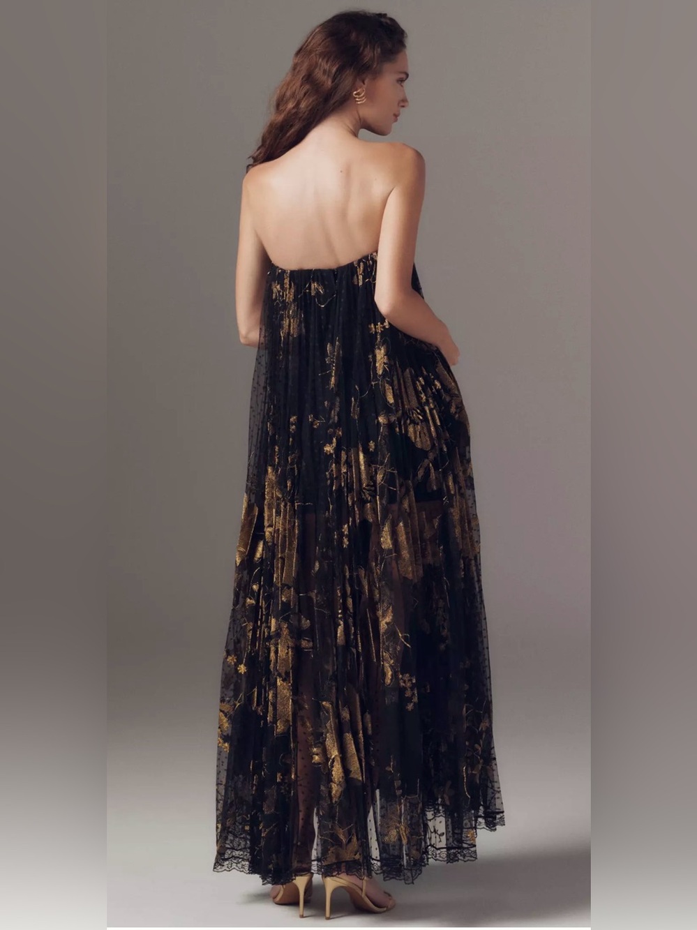 Helsi Delphine Metallic Floral Pleated Strapless Gown Black Gold Medium NWT - Picture 6 of 15